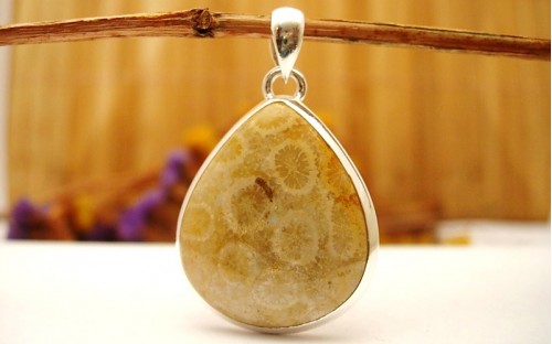 Pendentif en argent et Corail fossile.