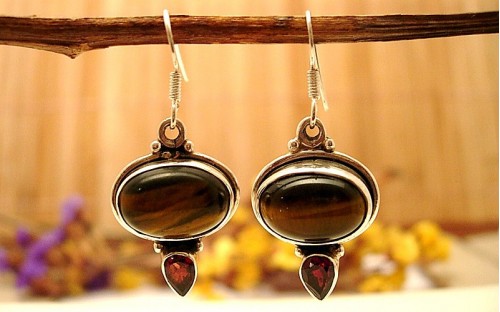 Boucles d'oreilles en Oeil de tigre et Grenat.