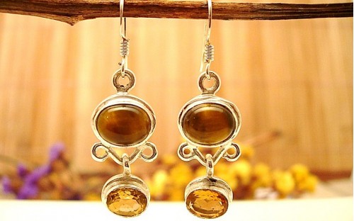 Boucles d'oreilles en Oeil de tigre et Citrine.