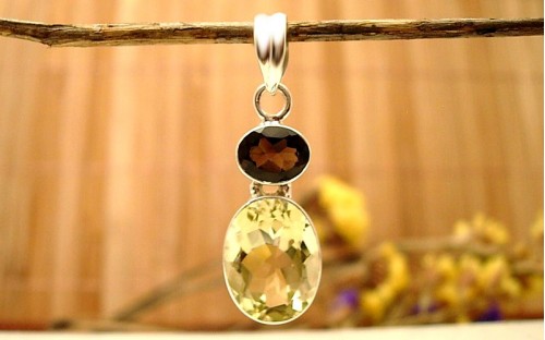 Pendentif en argent Quartz fumé et Lemon topaze